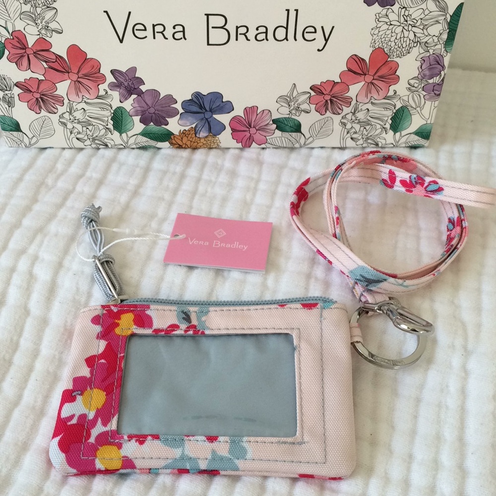 Vera Bradley Zip ID Lanyard set Tossed Posies Pink